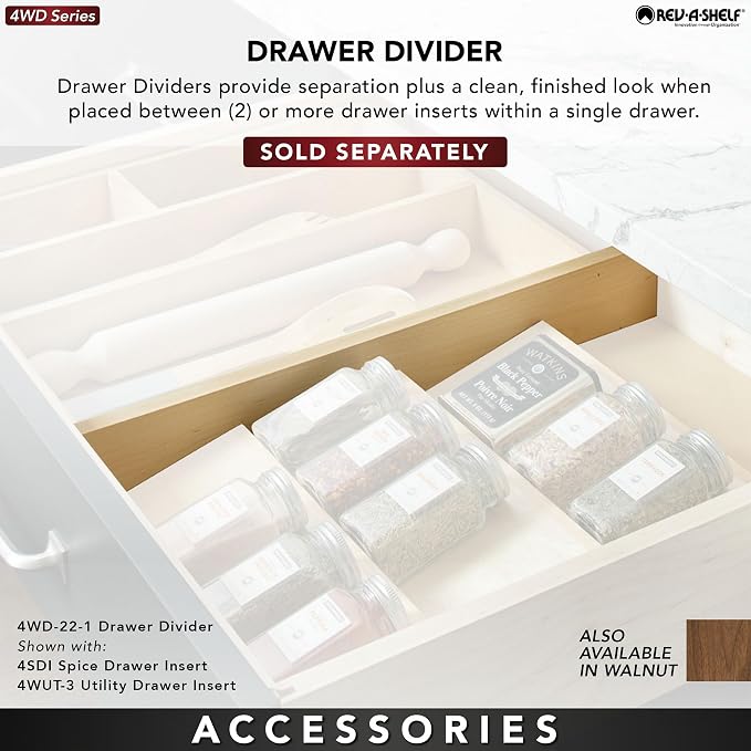 Rev-A-Shelf Trim-to-Custom-Fit Silverware Drawer Organizer For Kitchen Utensils, Cutlery Cabinet Storage Divider Insert, 23.98 x 21.97 In, Maple Wood, 4WUT-3