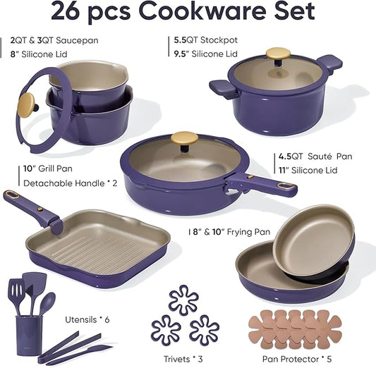 CAROTE 26 Pcs Pots and Pans Set, Nonstick Cookware Sets with Detachable Handle, Purple Dishwasher Safe, Oven Safe, Cookware Non Stick Cooking Set w/Frying Pans & Saucepans(PFOS, PFOA Free)