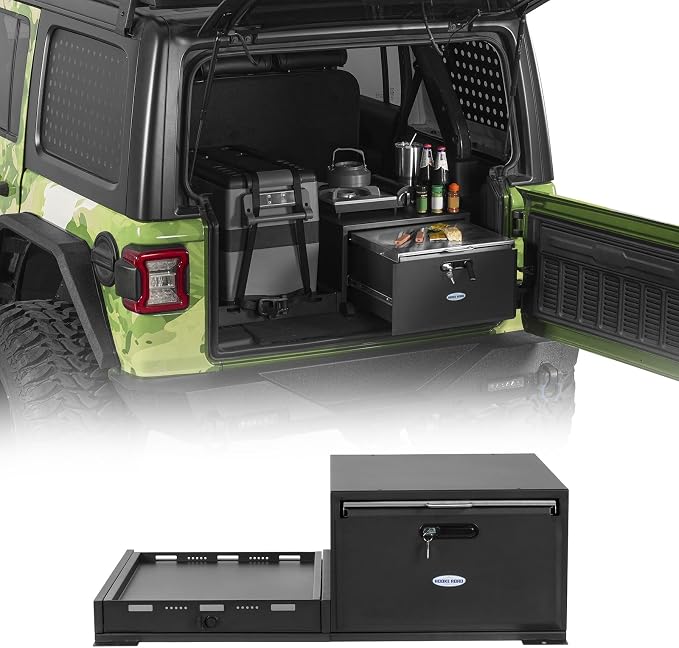 Hooke Road JK JL Bronco Trunk Storage Organizer & Fridge Slide Mount for 2007-2026 Jeep Wrangler JK JL 4-Door & 2021-2026 Ford Bronco 4-Door, Lockable Cargo Drawer Sliding Out Fridge Tray