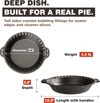 KUHA Cast Iron Pie Pan | Pre-Seasoned Round Cast Iron Pan for Apple, Pumpkin & Cherry Pies, Quiche & Tarts | For Baking & Serving | Silicone Trivet Included | 9", 2" Deep