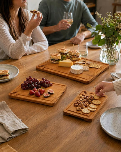 Cutting Boards for Kitchen, Bamboo Cutting Board Set of 3 with Storage Stand, Deep Carbonized Chopping Boards with Deep Juice Grooves and Side Handles for Meat, Vegetables, Fruit and Meal Prep
