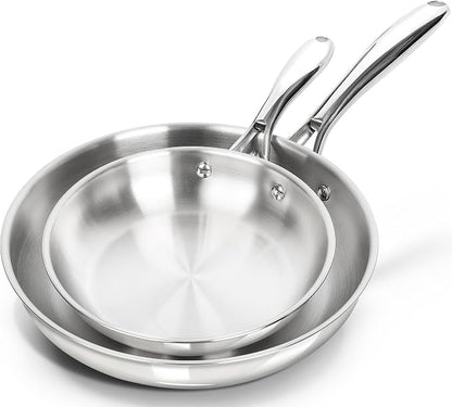 MICHELANGELO Stainless Steel Frying Pan Set, 8" 10" Cooking Pan set with Triply Base, Stainless Steel Skillet with Ergonomic Handle, Induction Compatible