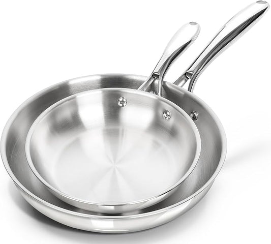 MICHELANGELO Stainless Steel Frying Pan Set, 8" 10" Cooking Pan set with Triply Base, Stainless Steel Skillet with Ergonomic Handle, Induction Compatible