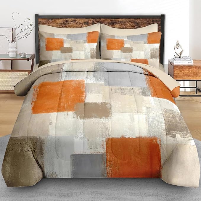 Pamnest Comforter Set Full Size, Beige Grey Abstract Painting 7 Pcs Bedding for Kids and Adults, Orange Gray Contemporary Bed Sheet Sets with Fitted Sheet 2 Pillowcase & 2 Sham for Bedroom Bed Decor