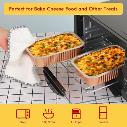 LNYZQUS 7” x 5” Small Aluminum Pans with Lids 25 Pack, 1.5lb Heavy Duty Foil Baking Tins To Go Containers,Individual Leftover Containers Baked Food Holders Boxes for Oven Grill-Champagne