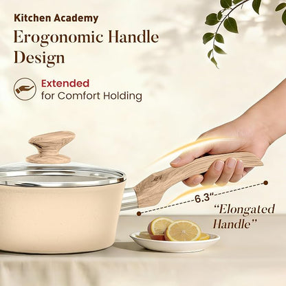 Kitchen Academy 12-Piece Induction Cookware Set, Nonstick Granite Pots and Pans in Beige