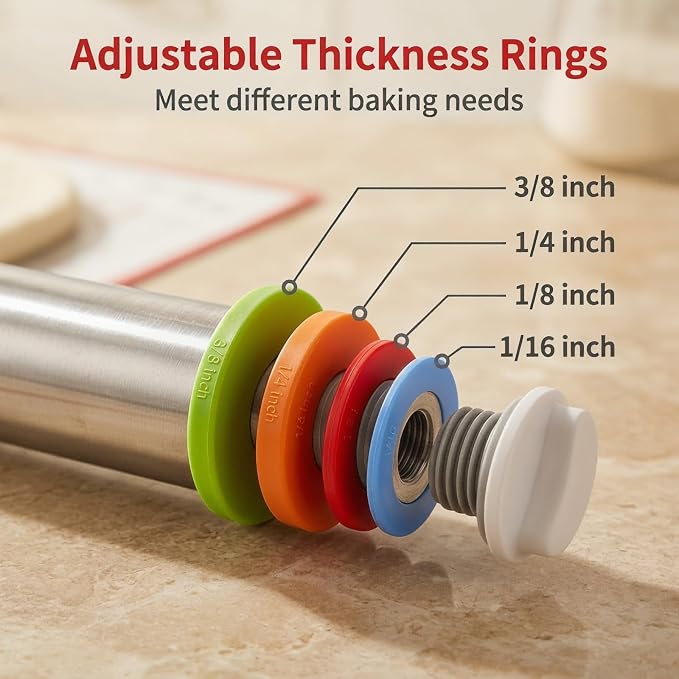 Adjustable Stainless Steel Rolling Pin & Non-Slip Silicone Baking Mat Set with Thickness Rings, Dough Roller with Guides & Pastry Mat for Fondant,Pizza, Cookies, Pies,Baking Supplies & Kitchen Gadgets