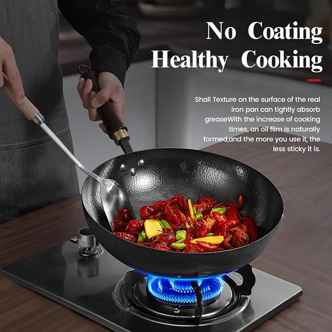 Carbon Steel Wok Pan, 11.8-Inch Nonstick Pre-Seasoned Woks & Stir-Fry Pans with Glass Lid, No Chemical Coated Wok Round Bottom Hand Hammered Chinese Wok for Induction, Gas, Electric & All Stoves