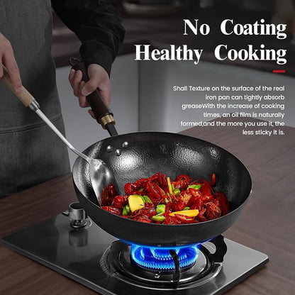 Carbon Steel Wok Pan, 11.8-Inch Nonstick Pre-Seasoned Woks & Stir-Fry Pans with Glass Lid, No Chemical Coated Wok Round Bottom Hand Hammered Chinese Wok for Induction, Gas, Electric & All Stoves