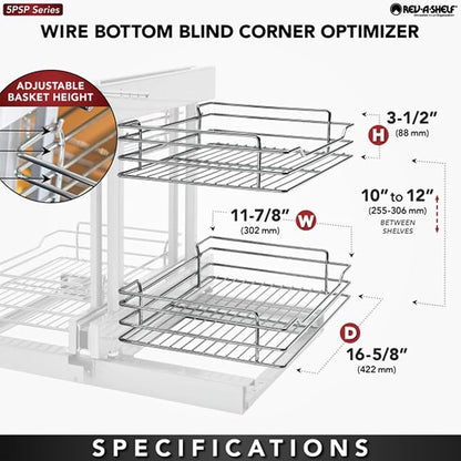 Rev-A-Shelf Chrome Two-Tier Wire Bottom Pullout Organizer for Blind Corner Base Kitchen Cabinets, Adjustable 4-Basket Storage System, Min Opening Width of 15", 5PSP-15-CR
