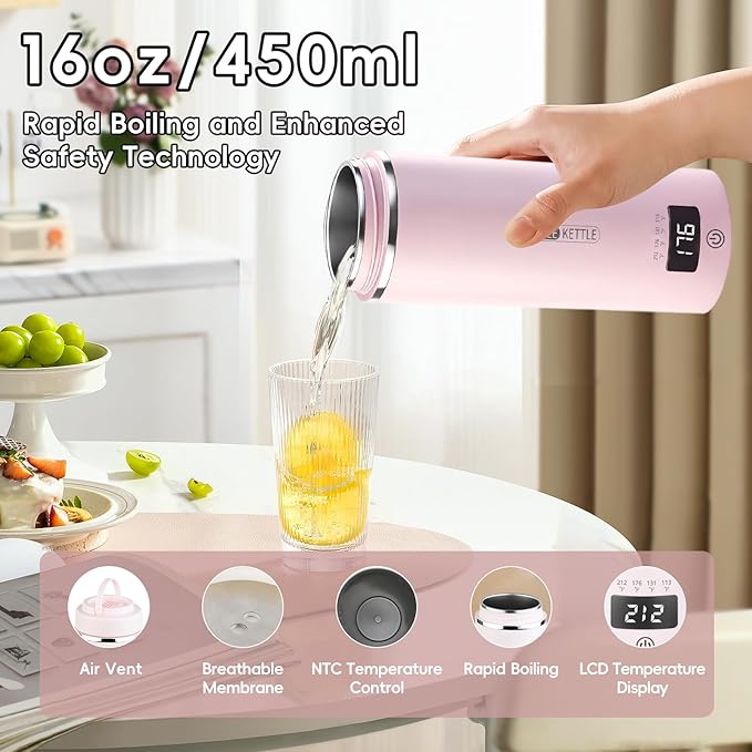 Travel Kettle, Portable Electric Kettle with 4 Temperature Controls, 304 Stainless Steel with Auto Shut-off & Leak Proof, Pink(120V)