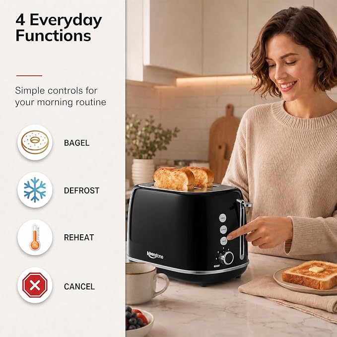 2 Slice Retro Stainless Steel Toaster with Bagel, Cancel, Defrost Function and 6 Bread Shade Settings Bread Toaster, Extra Wide Slot and Removable Crumb Tray (Black)