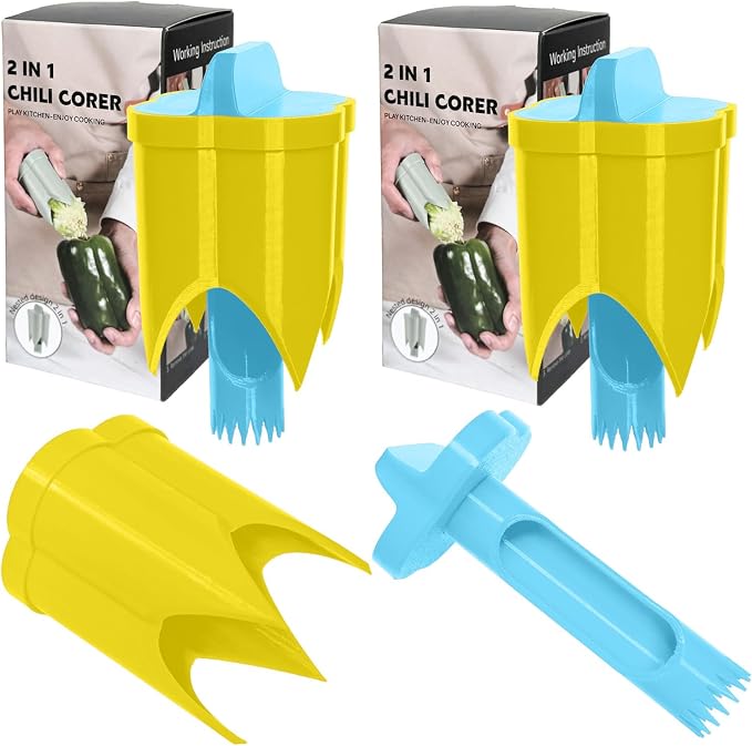 Pepper Corer, 2 in 1 Red Bell Pepper Seed Corer Remover Tool, Fruit & Vegetable Corers Quick Cave Tools for Jalapeno Cutter Deseeder, Blue Yellow, 2 PCS