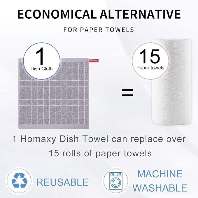 Homaxy 100% Cotton Terry Kitchen Dish Cloths, Ultra Soft and Absorbent Dish Towels for Kitchen, Suitable for Drying and Washing Dishes, 6 Pack, 12 x 12 Inches, Light Grey