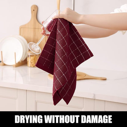 Homaxy 100% Cotton Terry Kitchen Towels(Burgundy Red, 13 x 28 inches), Checkered Designed, Soft and Super Absorbent Dish Towels, 6 Pack