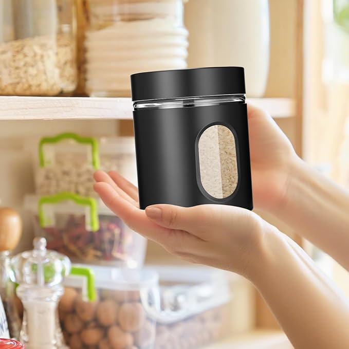 Mimorou 3 Pcs Stainless Steel Canister Set with Glass Windows Visible Storage Jars Silver Kitchen Canister Set for Pasta Flour Oat Sugar Container, Kitchen Tools, Housewarming Gifts (Black,20 oz)