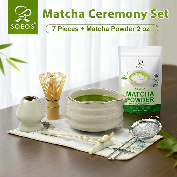 Soeos Matcha Powder, 2oz with 7-Piece Premium Matcha Starter Set - Includes Authentic Bamboo Whisk (Chasen), Ceramic Matcha Bowl (Chawan), Whisk Stand, Sifter, Scoop, and Scoop Rest