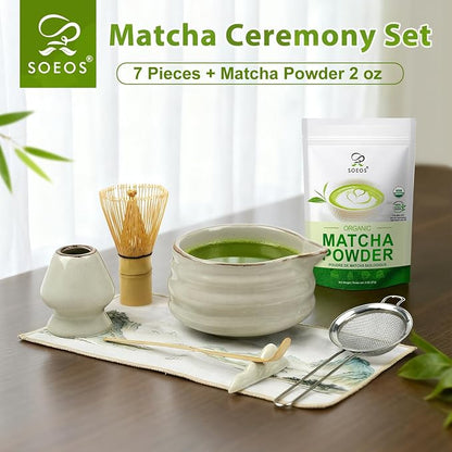 Soeos Matcha Powder, 2oz with 7-Piece Premium Matcha Starter Set - Includes Authentic Bamboo Whisk (Chasen), Ceramic Matcha Bowl (Chawan), Whisk Stand, Sifter, Scoop, and Scoop Rest