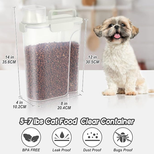 LEAWALK 5Lbs Dog Cat Storage Container Portable with Upgraded Large Spout and Cup, Plastic Pet Food Dispenser for Small Animal Kibble, Bird Seed, Oatmeal, Rice, Flour, Brown Sugart -Elegant White
