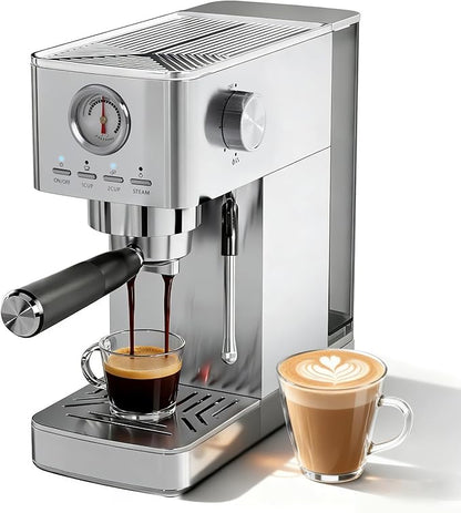 Espresso Machine, 20 Bar Visible High Pressure Gauge, 47 OZ Water Tank with Milk Frorther Silver, Automatic Stainless Steel Espresso Maker, Gift for Coffee Machine Enthusiasts