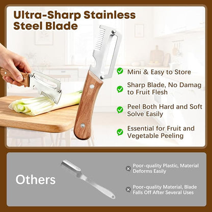 Left & Right Hand Vegetable Peeler Set with Scallion Slicer & Bottle Opener, Heavy-Duty Thick Stainless Steel Blade, Multi-Function Kitchen Peeler with Wooden Handle for Fruits & Vegetables(New 2pcs)