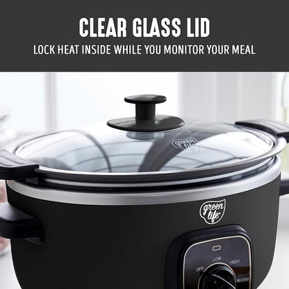 GreenLife 3.5QT Slow Cooker, PFAS-Free Non-Toxic Ceramic Nonstick Removable Interior Bowl, Programmable, Keep Warm, Stovetop & Oven Safe Pot, Dishwasher Safe Crock & Glass Lid, Black
