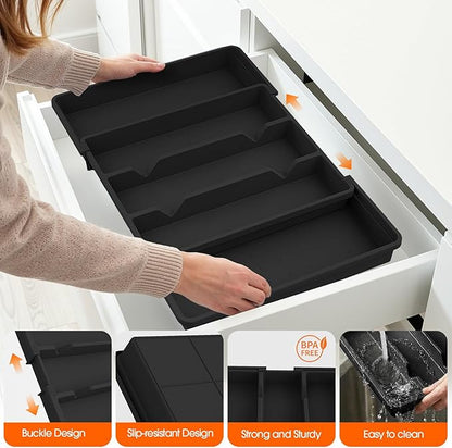 Silverware Organizer, Expandable Utensil Drawer Organizer for Kitchen Drawers, Kitchen Drawer Organizer for Spoons/Forks/Knives, Multipurpose & BPA Free Cutlery Tray, Black, 2 Pack