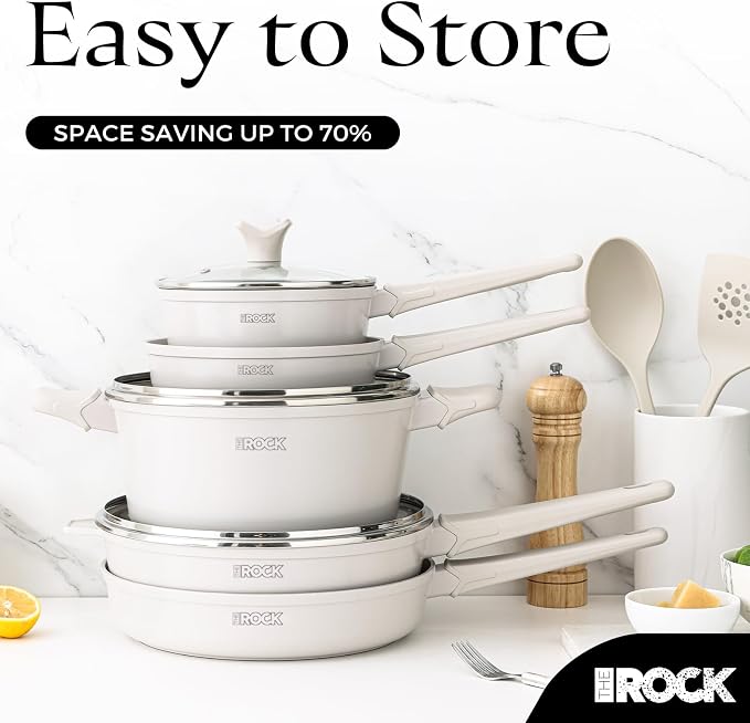 THE ROCK SOHO 15Pcs Ceramic Cookware Set – Non toxic Pots and Pans Set Non Stick with ROCK.TEC – Nothing Sticks, Never Warps, Lasts Longer, PTFE PFOA & PFAS Free, Induction & Dishwasher Safe, Cream