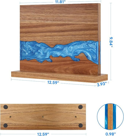 Magnetic Knife Block | Double Sided Magnetic Knife Holder | Acacia Wood Magnetic Knife Rack | Magnetic Knife Storage Stand for Kitchen Counter, Blue Resin River, 12.59×9.84IN (No Knife)