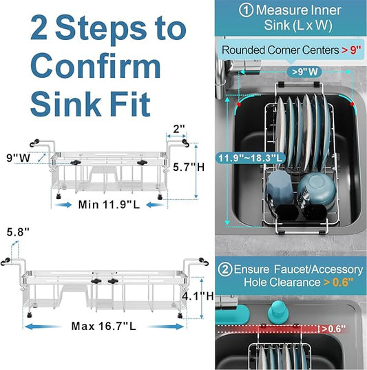 GSlife Small Over the Sink Dish Drying Rack - 9" W Expandable Stainless Steel Compact Dish Drainer for RV, Apartment, Camper, Kitchen, Dish Strainer with Lock Knob, Silver