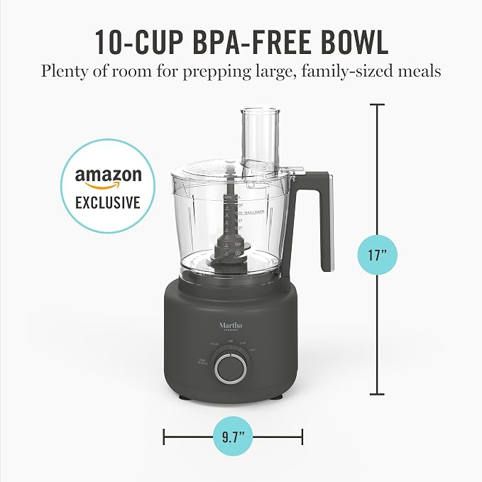 Martha Stewart Food Processor, 10-Cup Electric Chopper for Slicing, Shredding, Mincing and Puree, BPA-Free Twist & Lock Bowl, 3 Multipurpose Blades, Variable Speed Dial, Wide Feed Chute, Caviar Gray