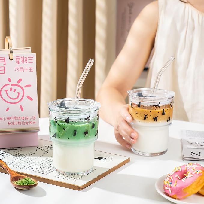 Olvini 13oz Glass Tumbler with Straw and Lid, Reusable Iced Coffee Cup Tumbler, Cute Glass Cups for Water, Matcha, Travel Coffee Mugs (Black Cat - 13oz)