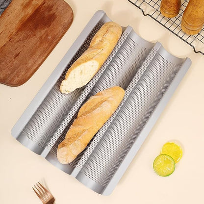 Baguette Pans for Baking 15" x 11", 3 Loaf Carbon Steel French Bread Pan Nonstick Perforated Baguette Baking Tray Silver