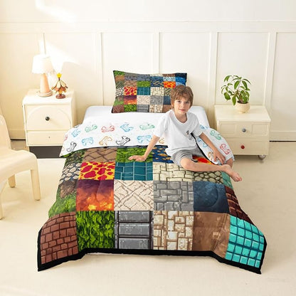 Manfei Video Game Comforter Set -Pixelated Themed Game Comforter Toddler Size Block Theme Gaming Bedding Set for Kids Girls Boys Bedroom Decor,Modern Quilt Duvet,2 Pcs with 1 Pillowcase