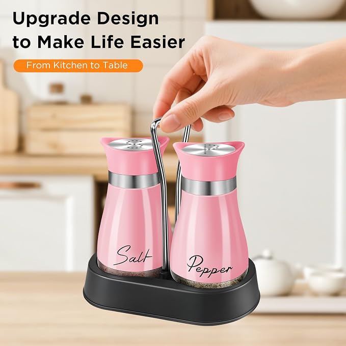 Salt and Pepper Shakers, Farmhouse Salt and Pepper Shakers Set with Holder, electroplated Handle, 4 oz Stainless Steel Glass Bottle Dispenser, for Table, RV, Camp, BBQ (Pink)