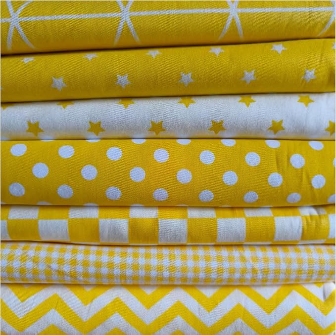 7PCS 9.8" x 9.8"(25 * 25CM) Quilting Fat Quarters Fabric Bundles, for Sewing Crafting,Print Floral Striped Polka Dot 100% Cotton Gingham Fabric (Yellow, 25 * 25cm)