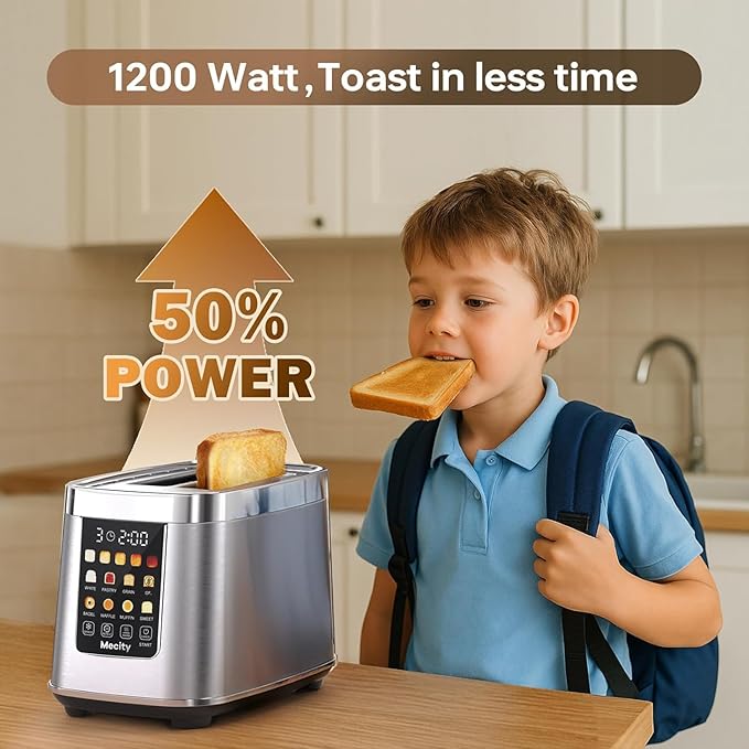 Mecity Motorized Toaster 2 Slice with Touch Screen, Stainless Steel Smart Toaster, 8 Bread Types, 5 Shade Levels, 1200W High Power, Keep Warm Mode, Reheat Defrost Functions, 120V