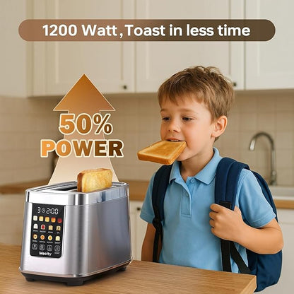 Mecity Motorized Toaster 2 Slice with Touch Screen, Stainless Steel Smart Toaster, 8 Bread Types, 5 Shade Levels, 1200W High Power, Keep Warm Mode, Reheat Defrost Functions, 120V
