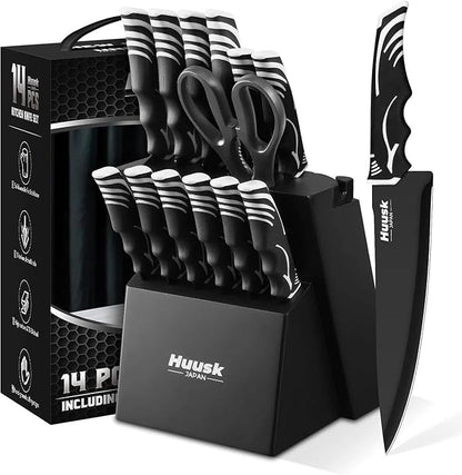 Huusk Knife Block Set with Sharpener - Kitchen Knives Set with Wooden Knife Block - Ideal Housewarming Gifts for New Home - Chef Knives with Kitchen Shears - Christmas Gift for Men Women - Black