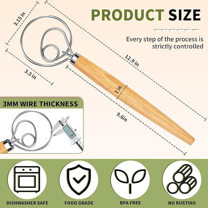 Hand Whisk Stainless Steel Dough Hook Dutch Whisk for Sourdough Bread Dough Mixer Hand Wooden Handle Kitchen Whisking Mixing Tool Bread Making Tools (1 eye)