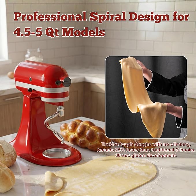 Stainless Steel Spiral Dough Hook Replacement Compatible with KitchenAid 4.5-5 Qt Tilt-Head Stand Mixers, Mixer Attachment for Bread, Pizza & Pastry, Rustproof & 25% Faster Kneading