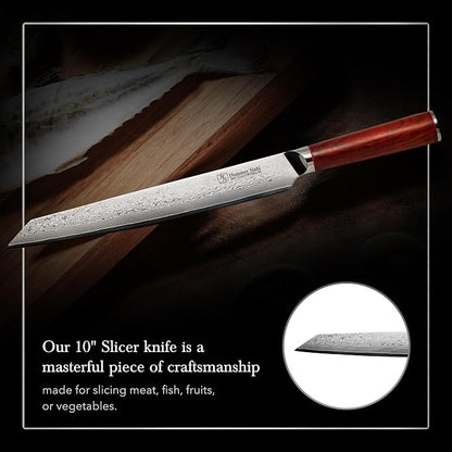 Hammer Stahl 10 Inch Damascus Slicer | Meat Cutting & BBQ Knife With Rosewood Handle | Carving Japanese Forged 67-Layer AUS10 Steel | Full-Tang Japanese Style Slicing With Gift Box