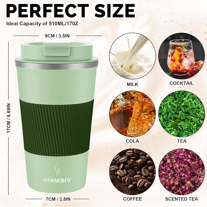 MOMSIV 17oz Travel Mug, Insulated Coffee Cup with Leakproof Lid, Vacuum Stainless Steel Double Walled Reusable Tumbler for Hot and Cold Water Coffee and Tea In Travel and Car