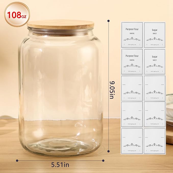 CYYKDA 108oz Large Glass Jar With Lid- Glass Jars Kitchen Canisters With Airtight Bamboo Lids- Food Storage Containers For Flour Sugar Cereal, Egg, Cookie-2 Pack