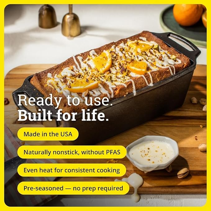 Lodge Seasoned Cast Iron Loaf Pan 10 Inches - Pre-Seasoned Rectangular Cast Iron Bakeware- Even Browning Bread Pan with Easy-Release Finish - PFAS-Free Non-Toxic Cookware