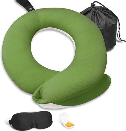 BUYUE Travel Neck Pillows for Airplanes, Memory Foam 360° Head Support Sleep for Long Flight, Skin-Friendly & Breathable, Kit with Eye Mask, Earplugs and Storage Bag (Adult, Green, 90+ lbs)