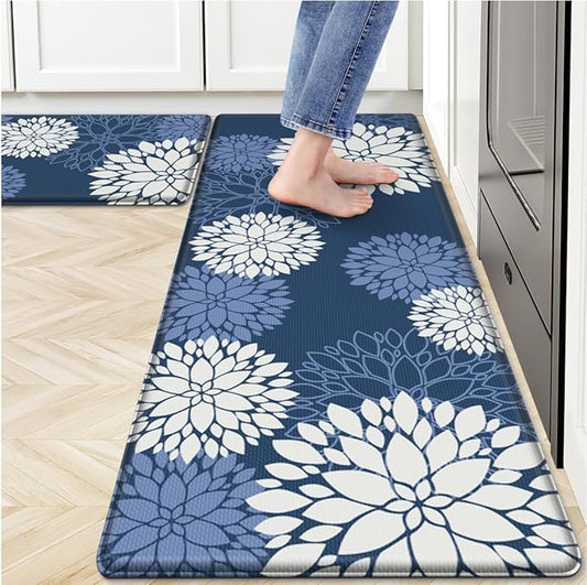 Kitchen Mats, 2PCS Non-Slip Cushioned Rugs, Anti-Fatigue Waterproof Floor Rug, Washable Standing Desk Mat, Home Laundry Office Apartment Decor and Accessories (17.3" ×47" +17.3" ×30"-Blue)