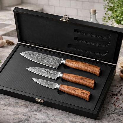 Wakoli 3-Piece Damascus Knife Set – Edib Pro Series with Wooden Gift Box – Kitchen Knife with VG10 Steel Core, 2 Santoku Knives & Paring Knife