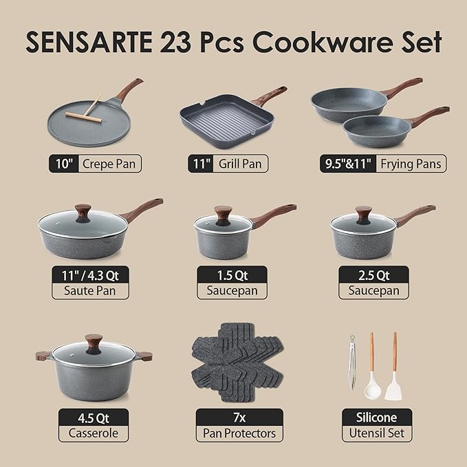 SENSARTE 23 PCS Nonstick Granite Cookware Set, Non Toxic Pots and Pans, PFOA & PFOS Free, Healthy Granite Stone Coating, Induction Compatible, Stay-Cool Handles, Gray
