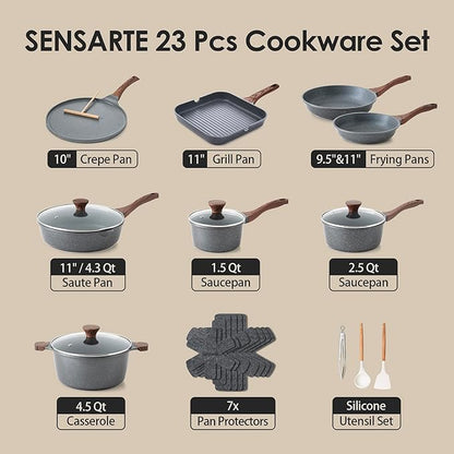 SENSARTE 23 PCS Nonstick Granite Cookware Set, Non Toxic Pots and Pans, PFOA & PFOS Free, Healthy Granite Stone Coating, Induction Compatible, Stay-Cool Handles, Gray